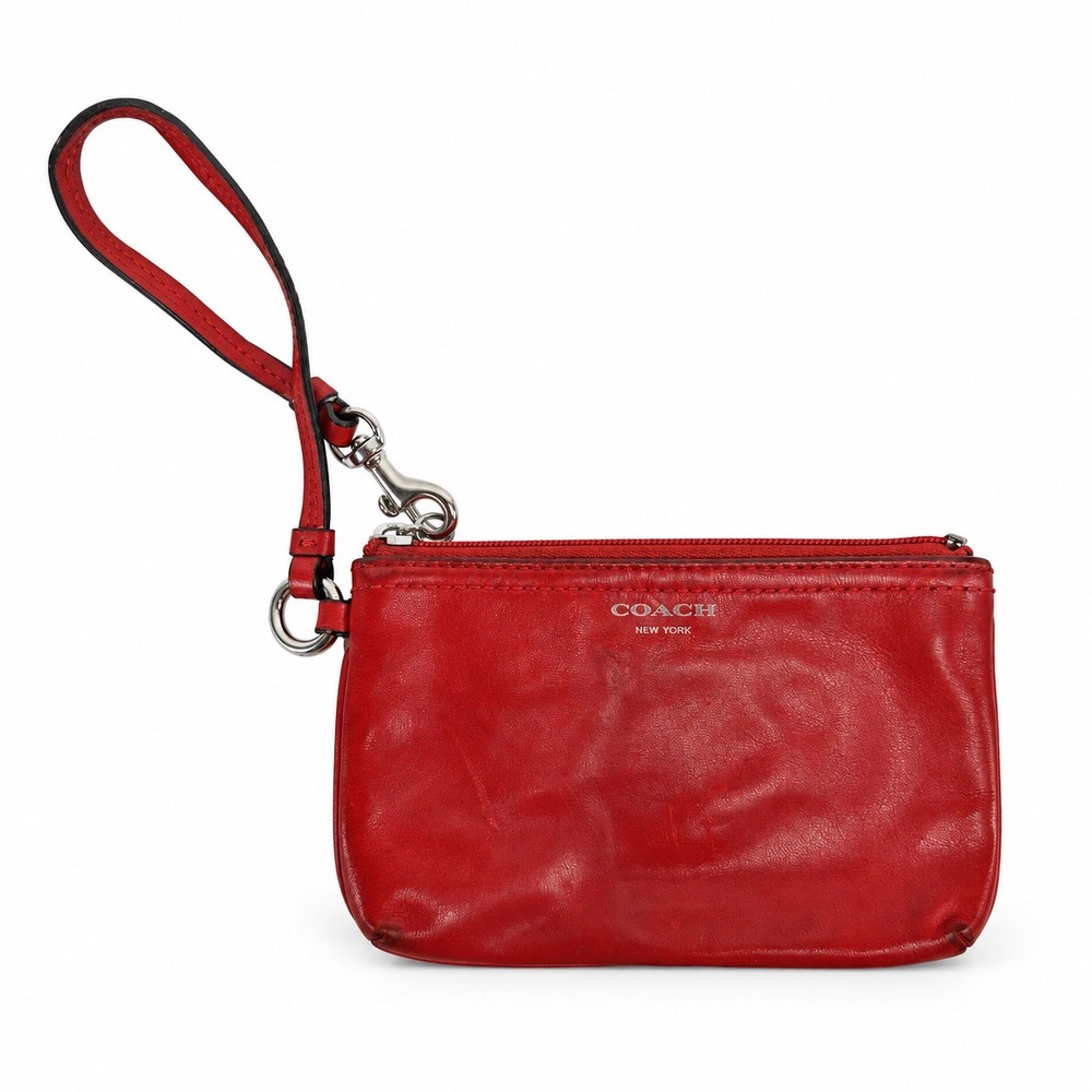 Coach Small Red Leather Wristlet Silver Hardware Card Slots Classic Minimalist